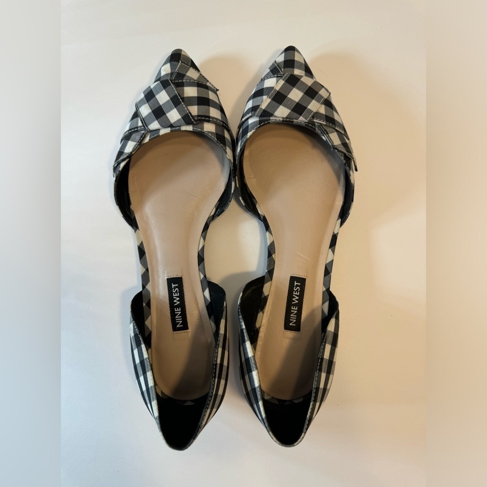 NINE WEST Gingham Bow Flats size 9M in black and white